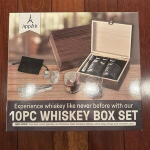 New Appetit 10PC Whiskey Wooden Box Set 2 Glasses with Chilling Stones & Thongs‎